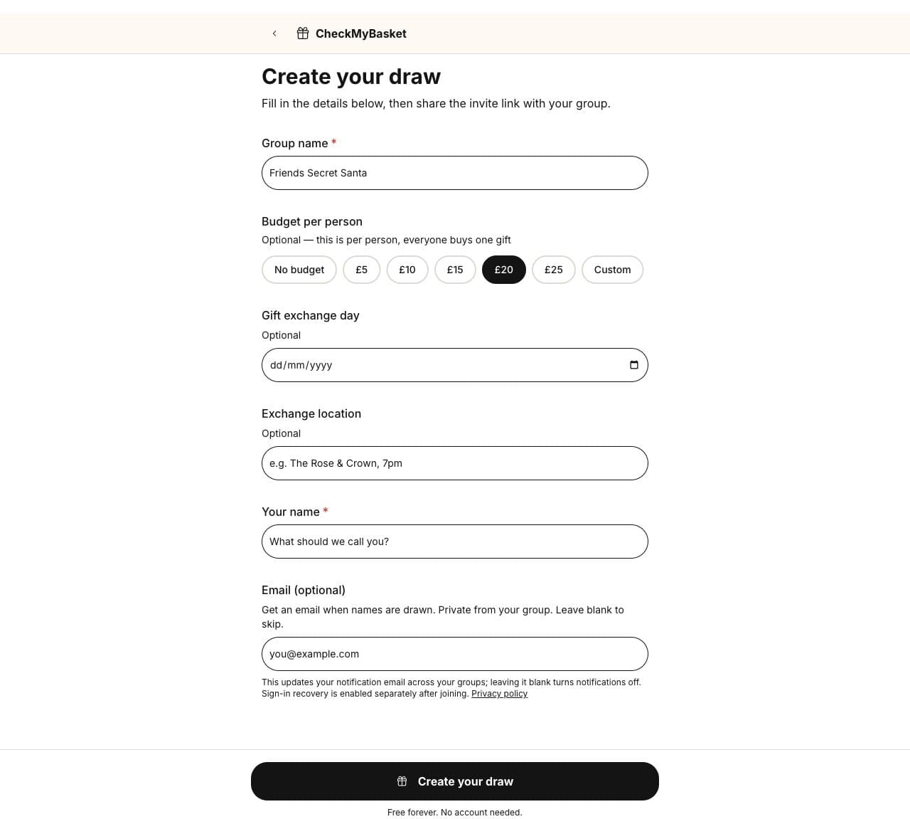 CheckMyBasket create draw form with Friends Secret Santa and a £20 budget selected