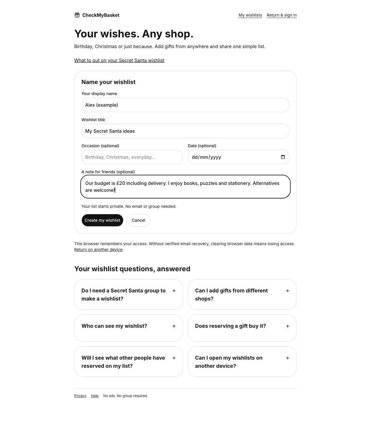 CheckMyBasket wishlist creation form with an example display name, wishlist title and a £20 budget note